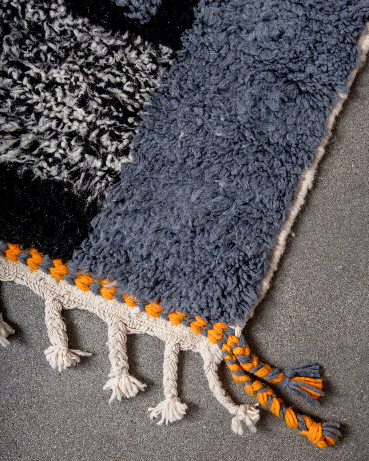 Modern, designer, handcrafted Berber rug from Morocco. Beniourain carpet with beautiful colours and patterns and fluffy wool texture.